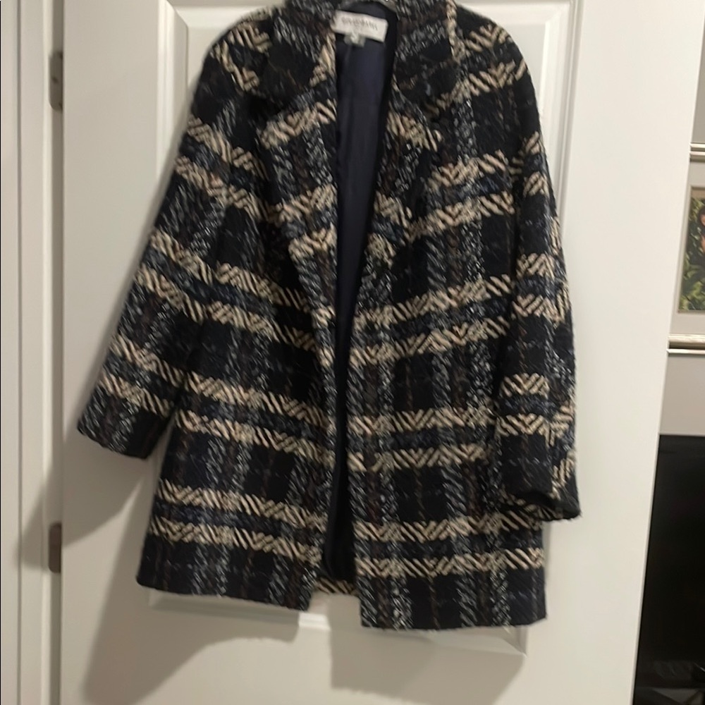 Black and Cream Plaid Pea Coat with Oversized Fit